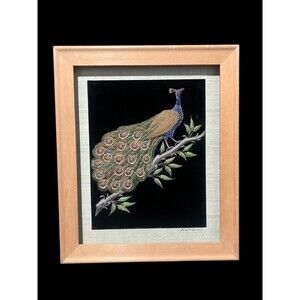 Vtg Beautiful India Framed Art Embroidered Peacocks Needlepoint Beaded Velvet
